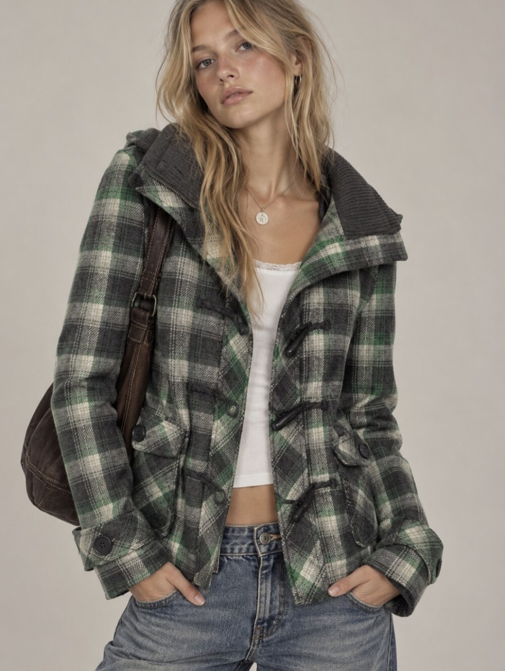 Y2K Delias Emma Hooded Green Plaid Toggle Button Wool Blend Jacket Medium NEW